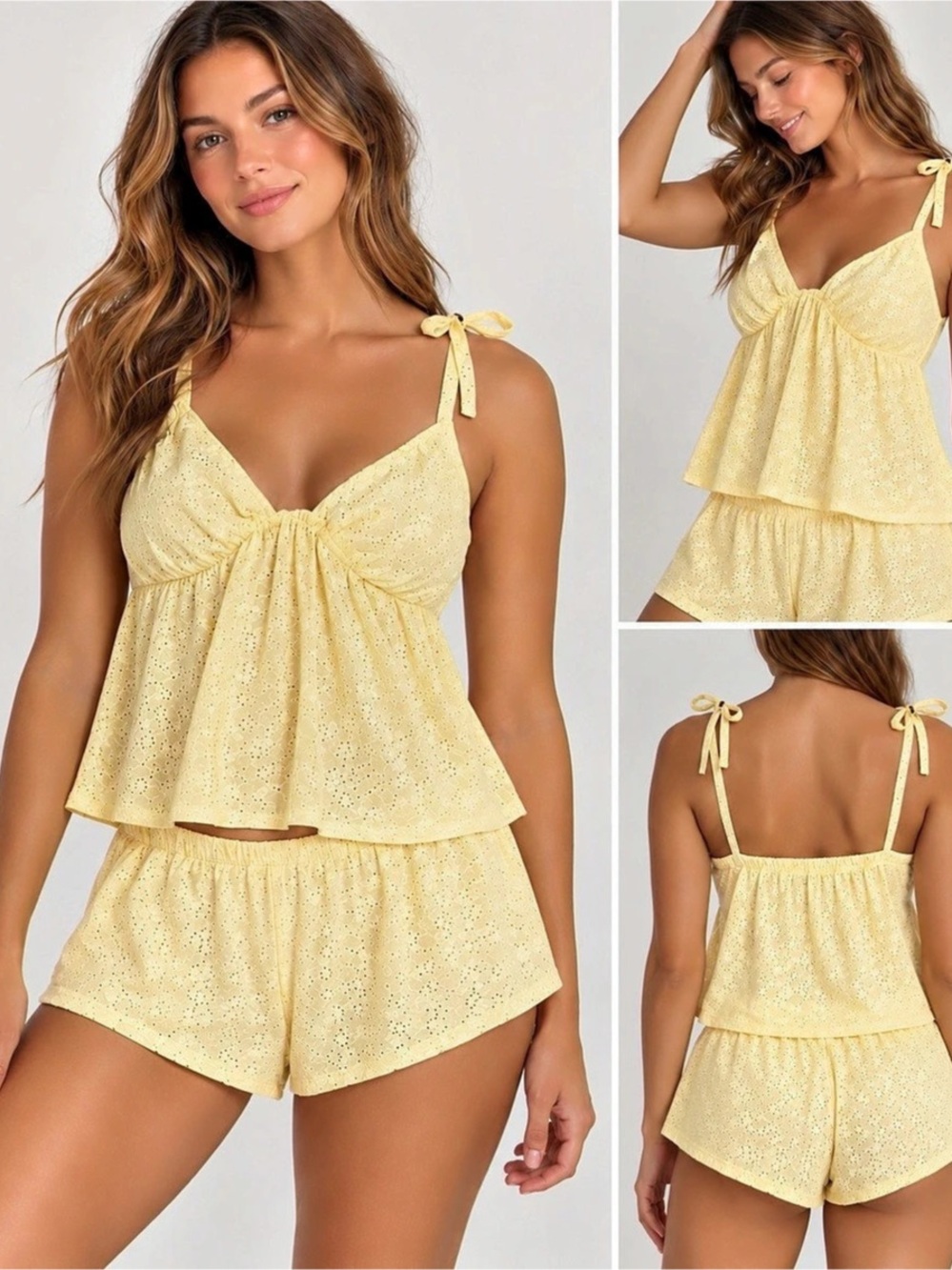 Rampage Women’s Size Large Yellow Eyelet 2 Piece Cami & Shorts Set Tie Strap